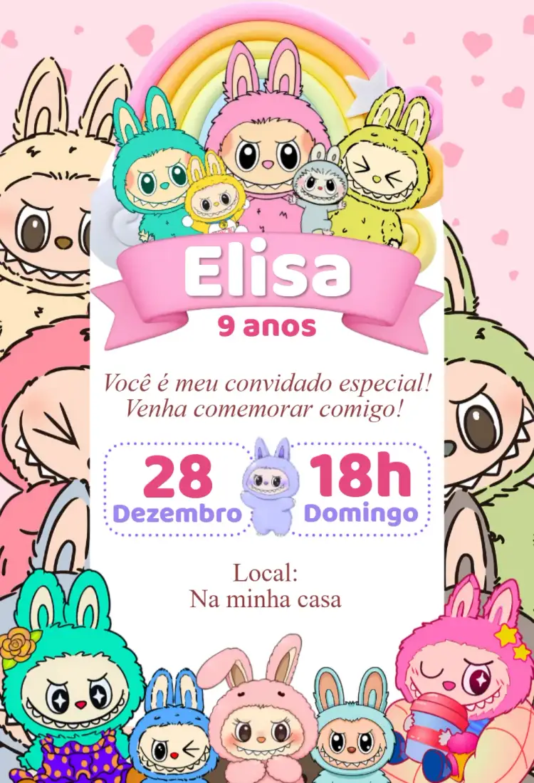 Convite Convite digital labubu – tema Aniversário kawaii, colorido, fofo, moderno, delicado