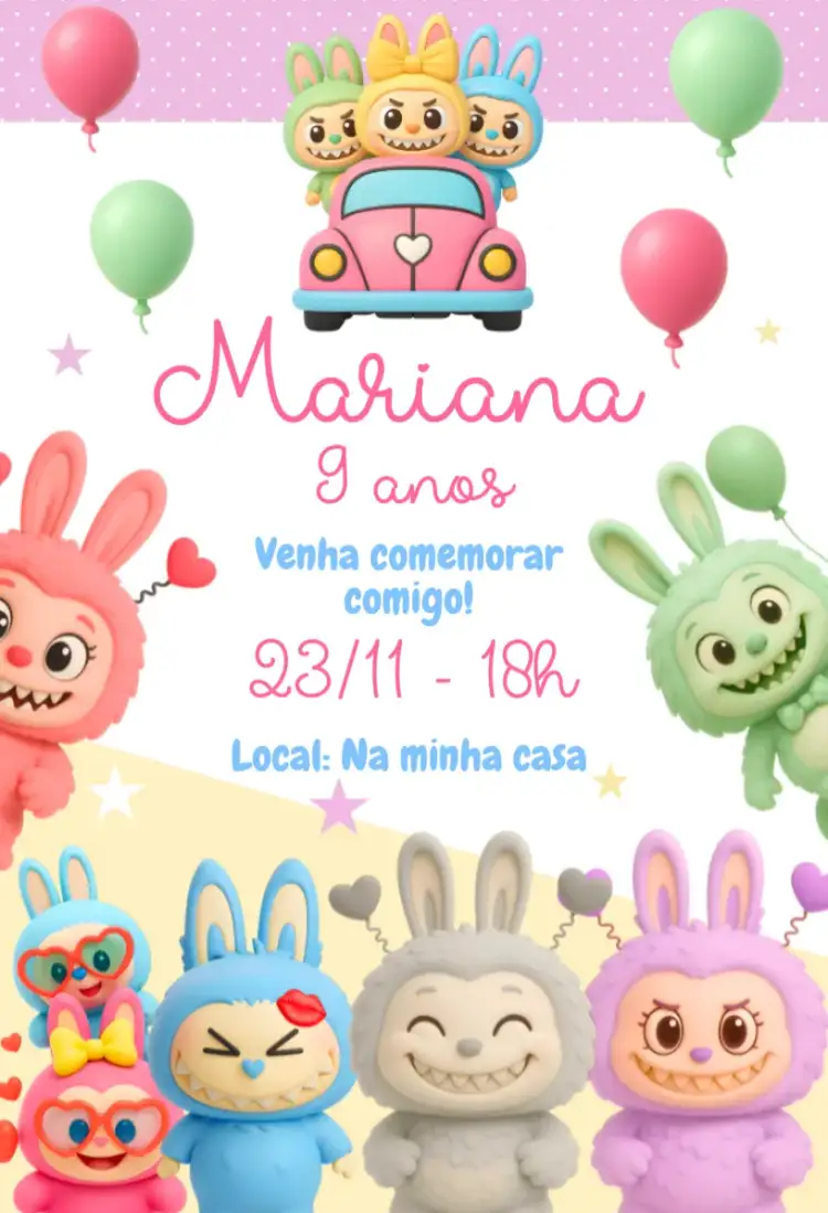 Convite Convite Digital Labubu Candy Color – tema Aniversário kawaii, colorido, moderno, delicado, fofo
