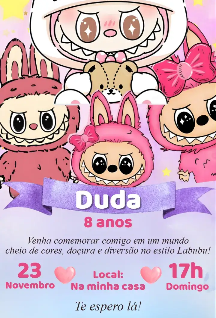 Convite Convite digital labubu candy color – tema Aniversário candy color, kawaii, pastel, moderno, fofo, delicado