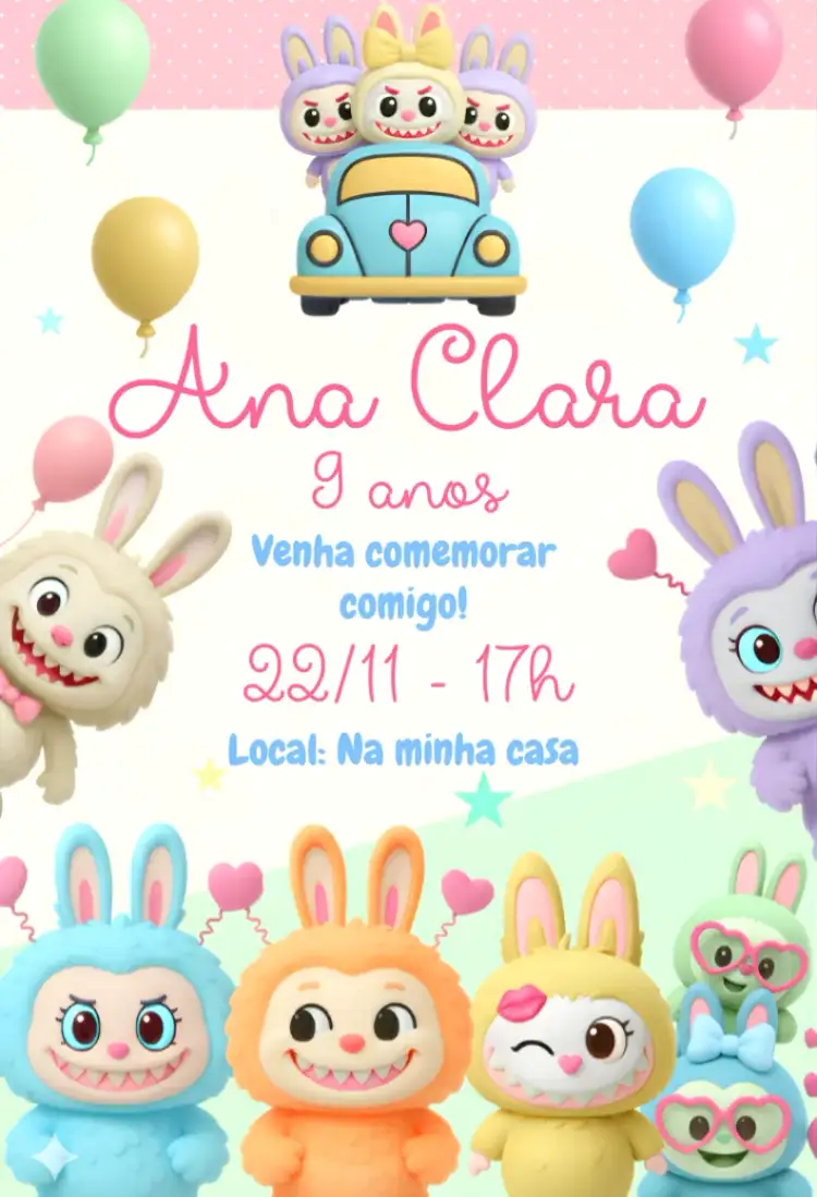 Convite Convite digital labubu candy color – tema Aniversário candy color, kawaii, pastel, moderno, delicado