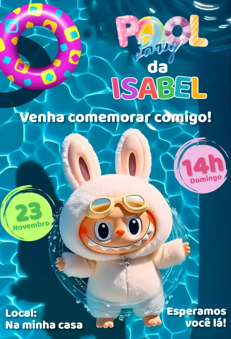 Convite digital labubu pool party festa na piscina