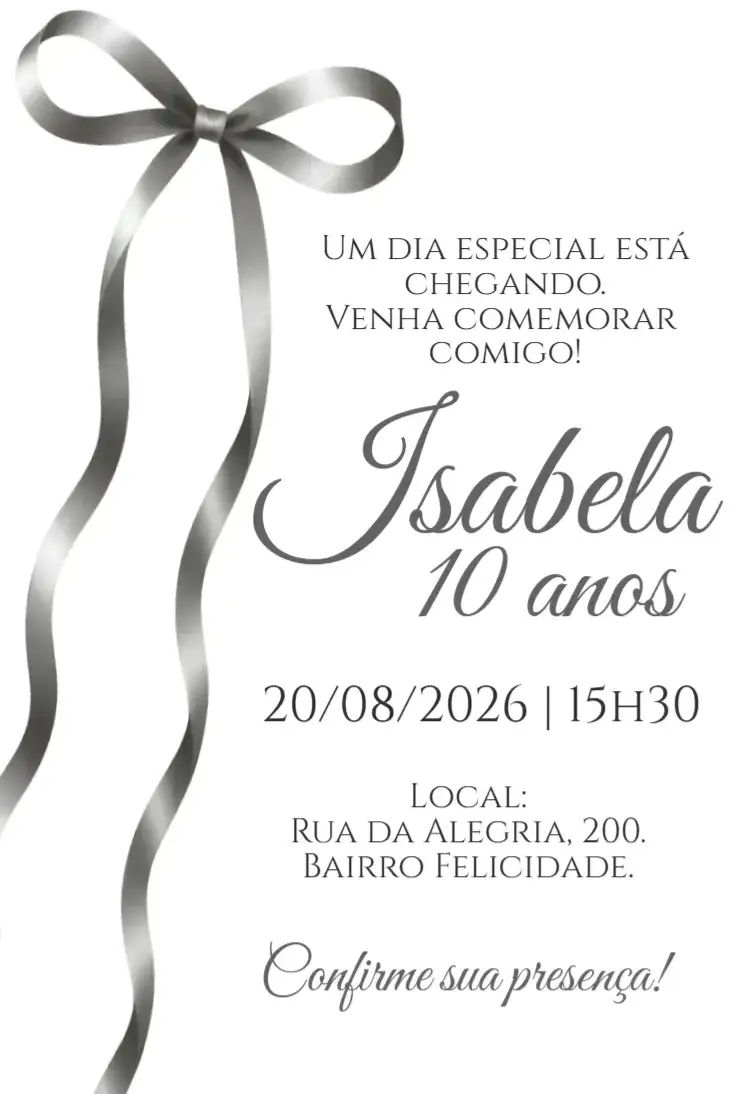 Convite Convite digital Laço – tema Aniversário elegante, coquette, prata, preto, moderno