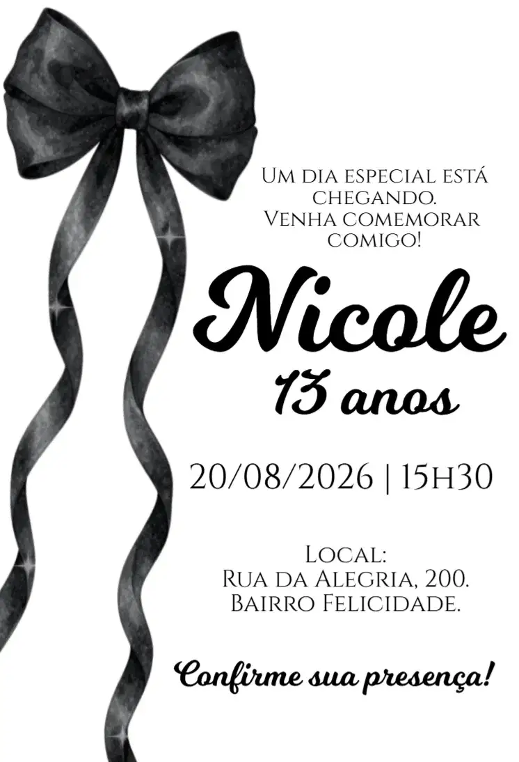 Convite Convite digital Laço Preto – tema Aniversário elegante, coquette, minimalista, moderno, preto e rosa