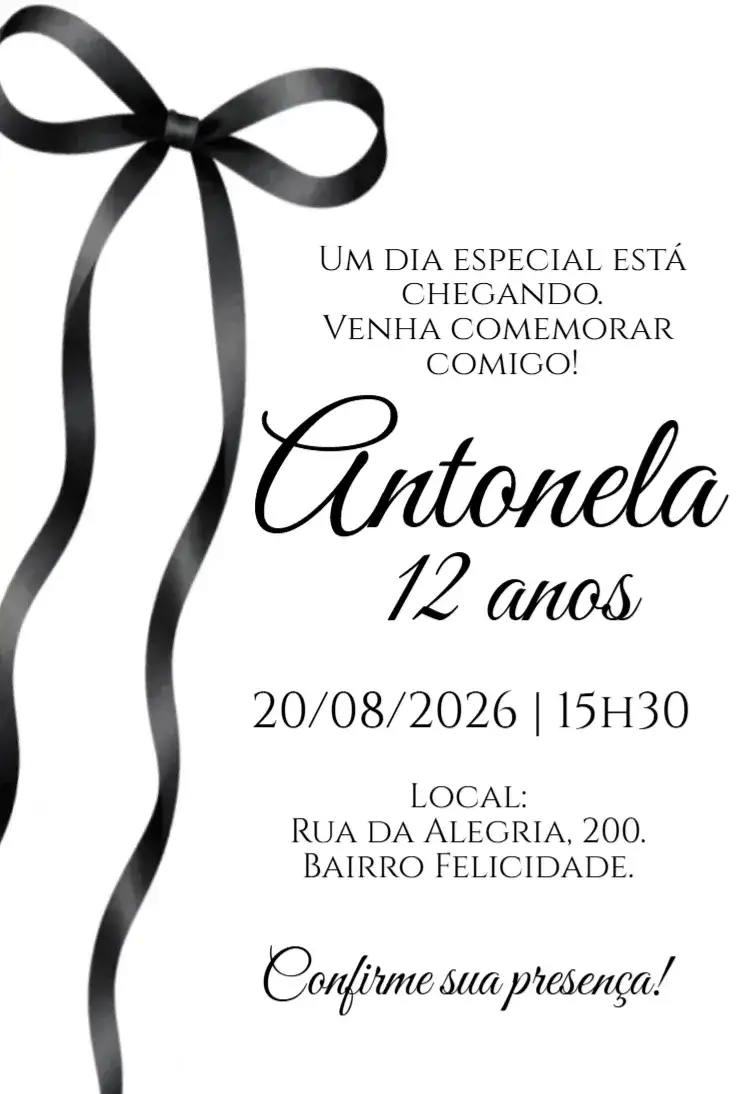 Convite Convite digital Laço preto – tema Aniversário elegante, moderno, clássico, feminino, minimalista, preto e branco