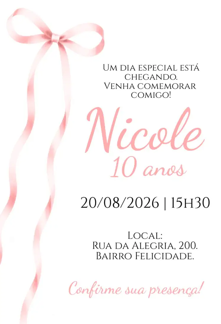 Convite Convite digital Laço rosa – tema Aniversário delicado, coquette, aquarela, rosa, suave, feminino