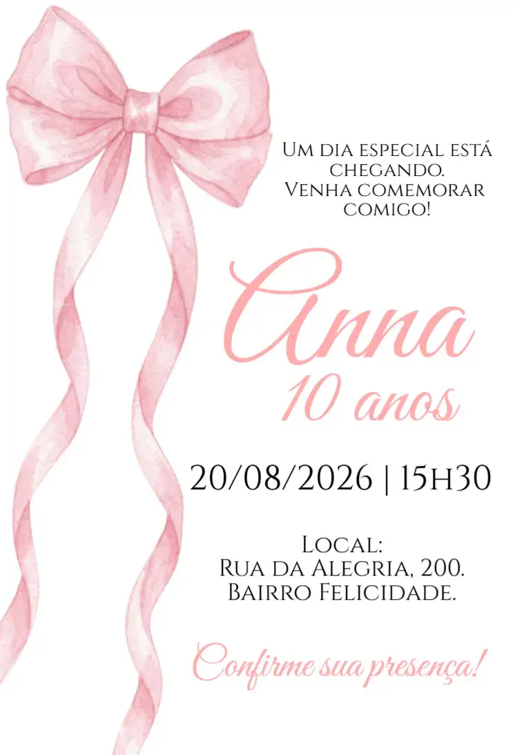 Convite Convite digital Laço rosa Coquette – tema Aniversário rosa, coquette, elegante, delicado, moderno