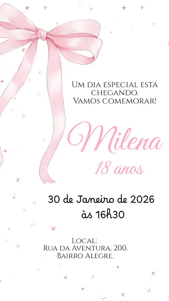 Convite Convite digital Laço rosa delicado – tema Aniversário rosa, aquarela, delicado, elegante, feminino