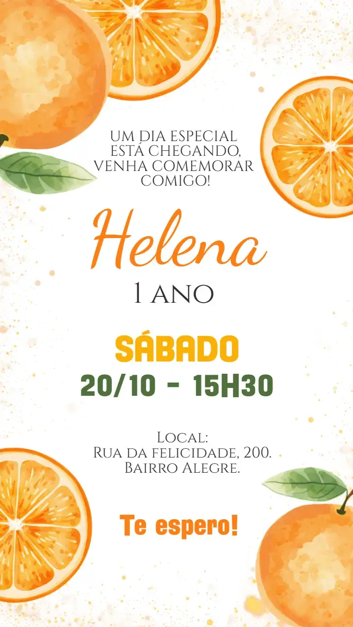 Convite Convite digital Laranjinha laranja – tema Aniversário Infantil citrico, colorido, divertido, infantil, frutal