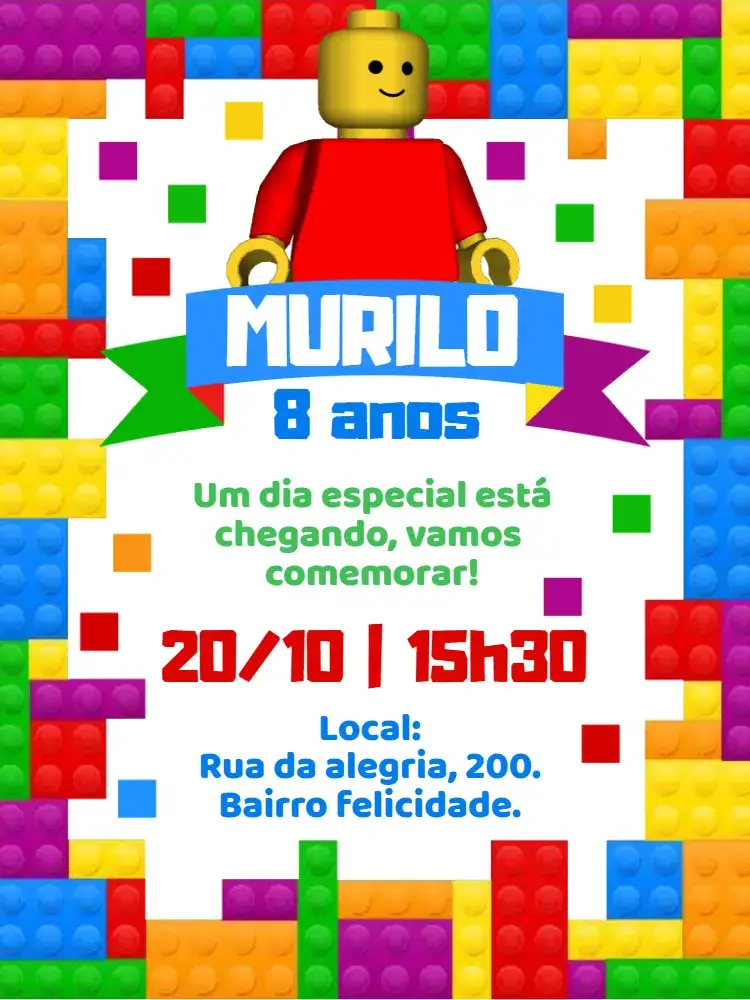 Invitación Convite digital Lego – tema Aniversário Infantil colorido, brinquedo, temático, lúdico, neutro, divertido