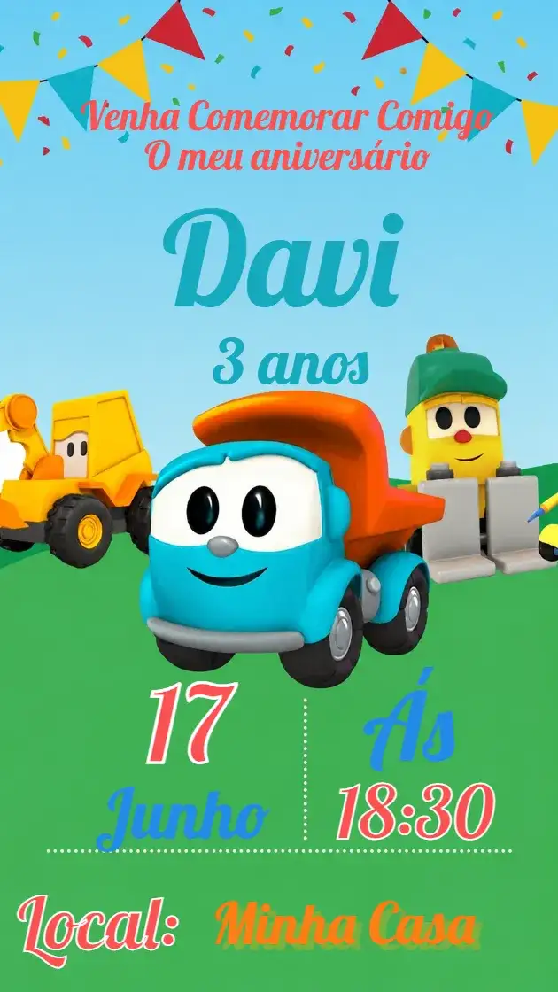 Convite Convite Digital Leo o Caminhão – tema Cartão colorido, divertido, infantil, ilustrações de caminhões, gráficos animados, estilo alegre