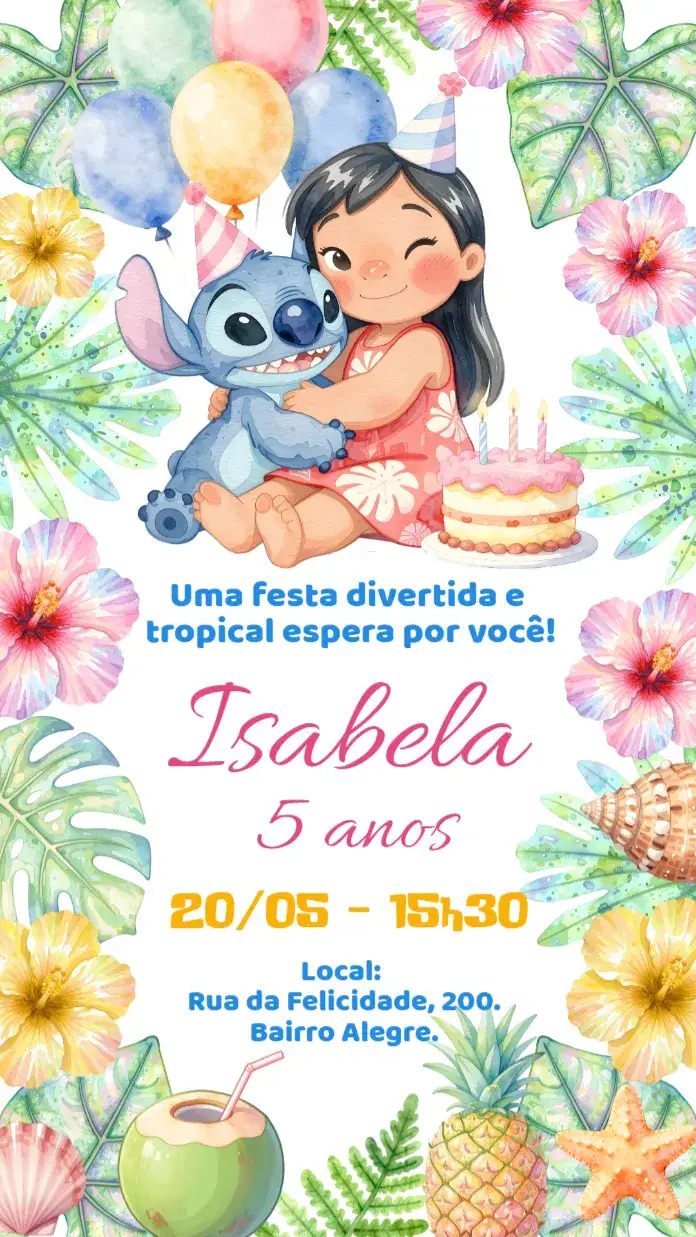 Convite Convite Digital Lilo e Stich Tropical – tema Aniversário Infantil tropical, aquarela, colorido, divertido, moderno, infantil