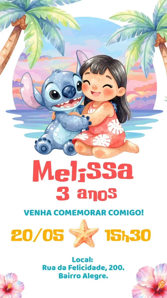 Convite digital Lilo e Stitch Cute Aquarela