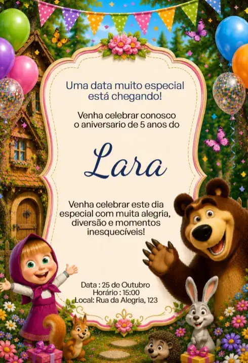 Invitación Invitación Digital Masha y el Oso Encantado Editable – tema Cumpleaños Infantil colorido, divertido, ilustrativo, infantil, temático