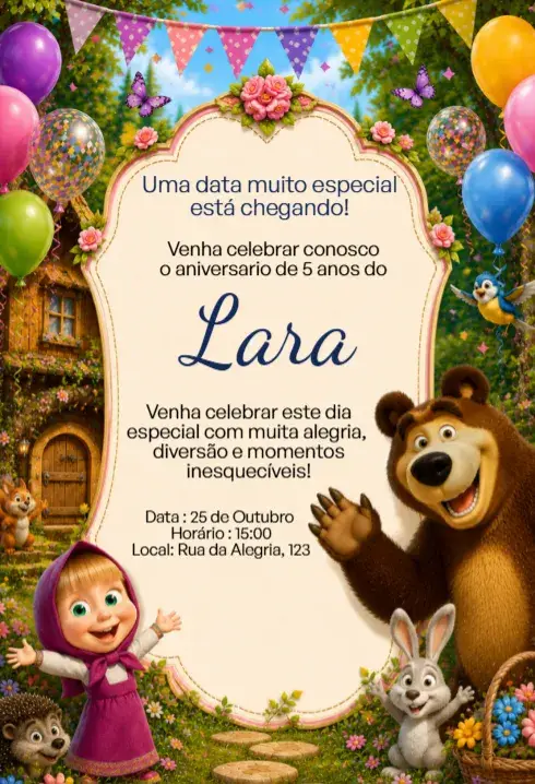Digital Invitation Masha and the Bear Editable Party