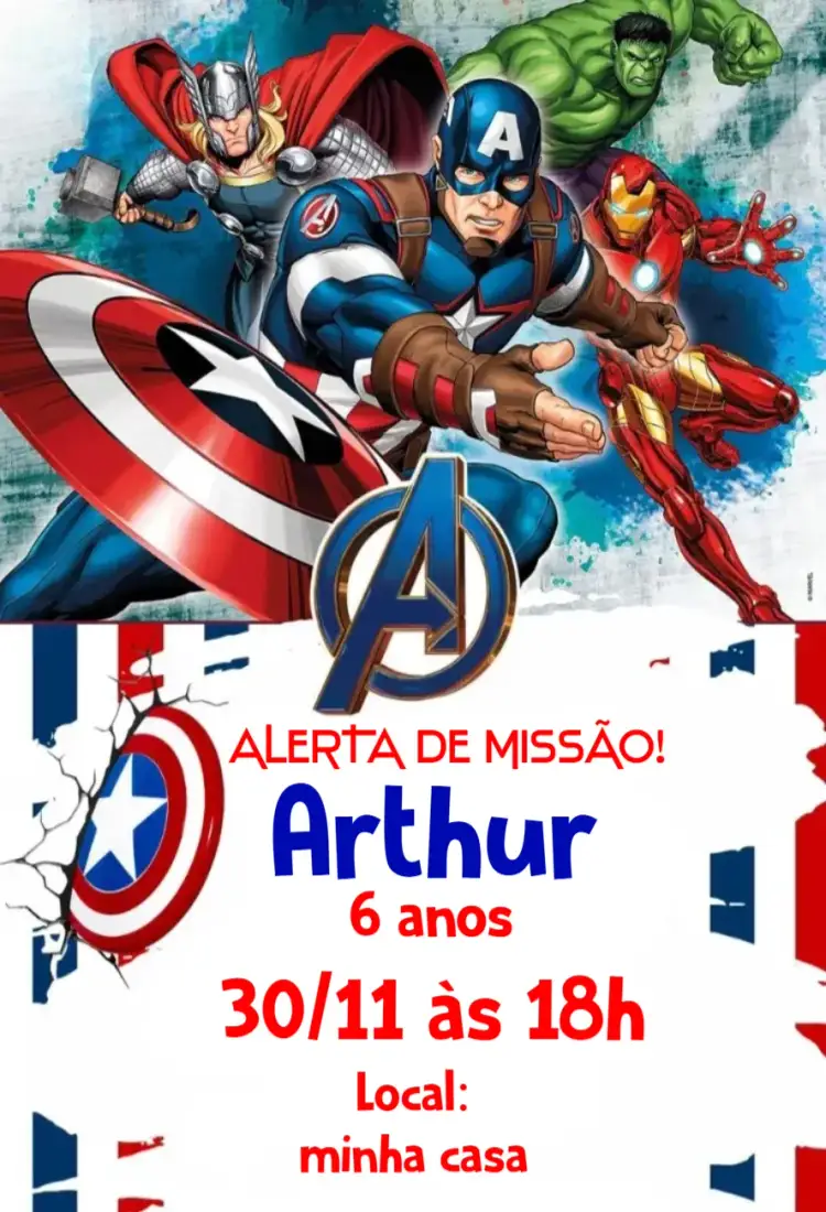 Convite convite digital mavel – tema Aniversário super-heróis, colorido, moderno, divertido, interativo