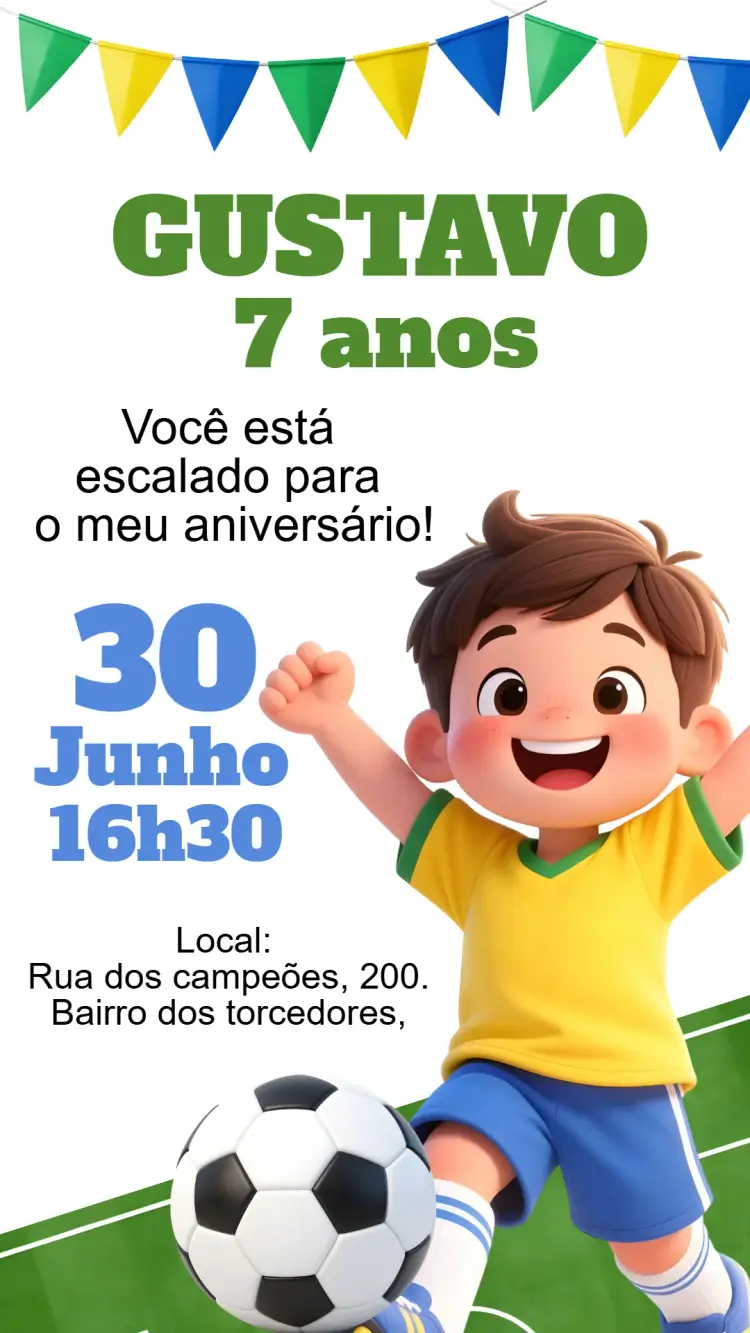 Convite digital menino futebol Brasil Copa do Mundo