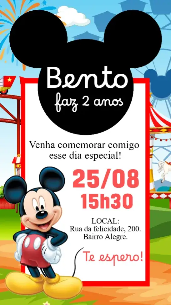 Invitación Invitación digital de Mickey – tema Cumpleaños Infantil colorido, divertido, infantil, cartoon, temático, brincalhão