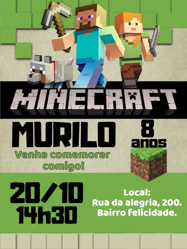Invitación Convite digital Minecraft – tema Aniversário Infantil Minecraft, colorido, jogos, pixelado, divertido