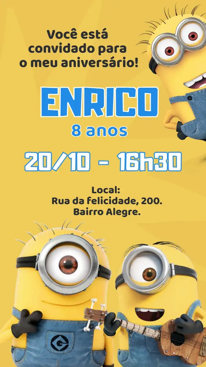 Invitación Convite digital Minions – tema Aniversário Infantil divertido, colorido, temático, infantil, desenho animado, brincalhão
