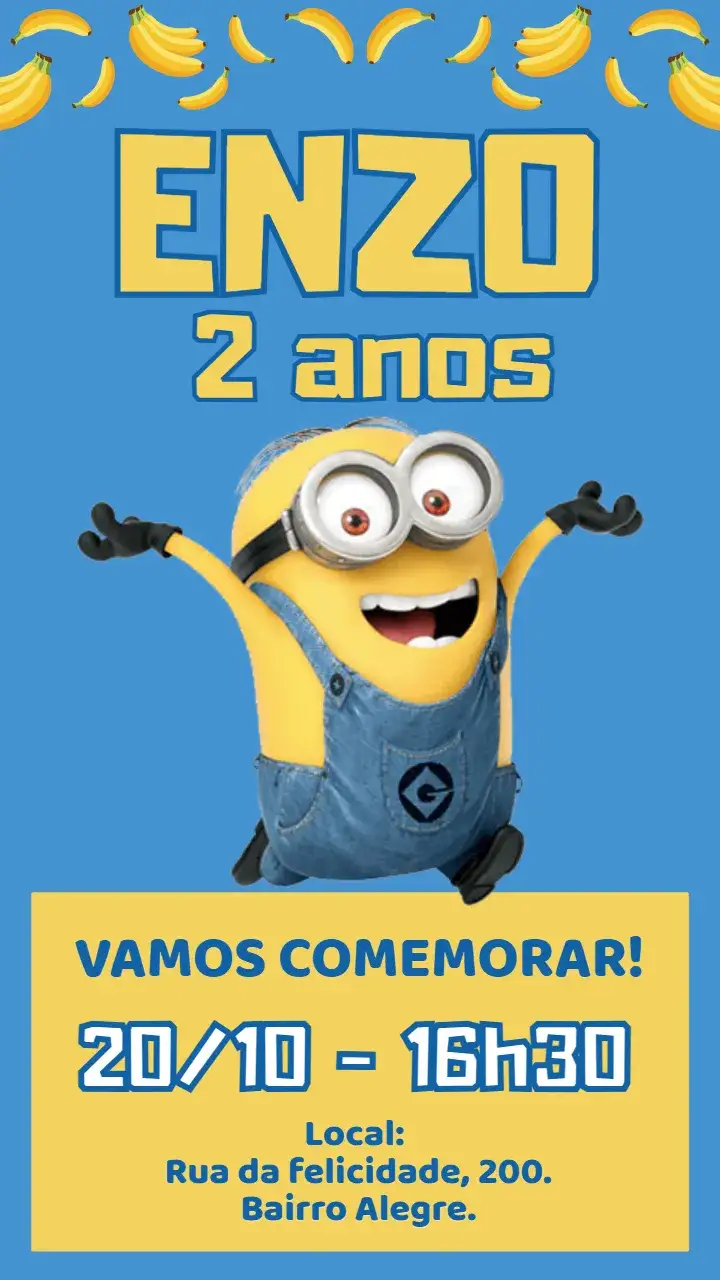 Invitación Convite digital Minions – tema Aniversário Infantil divertido, colorido, temático, infantil, alegre