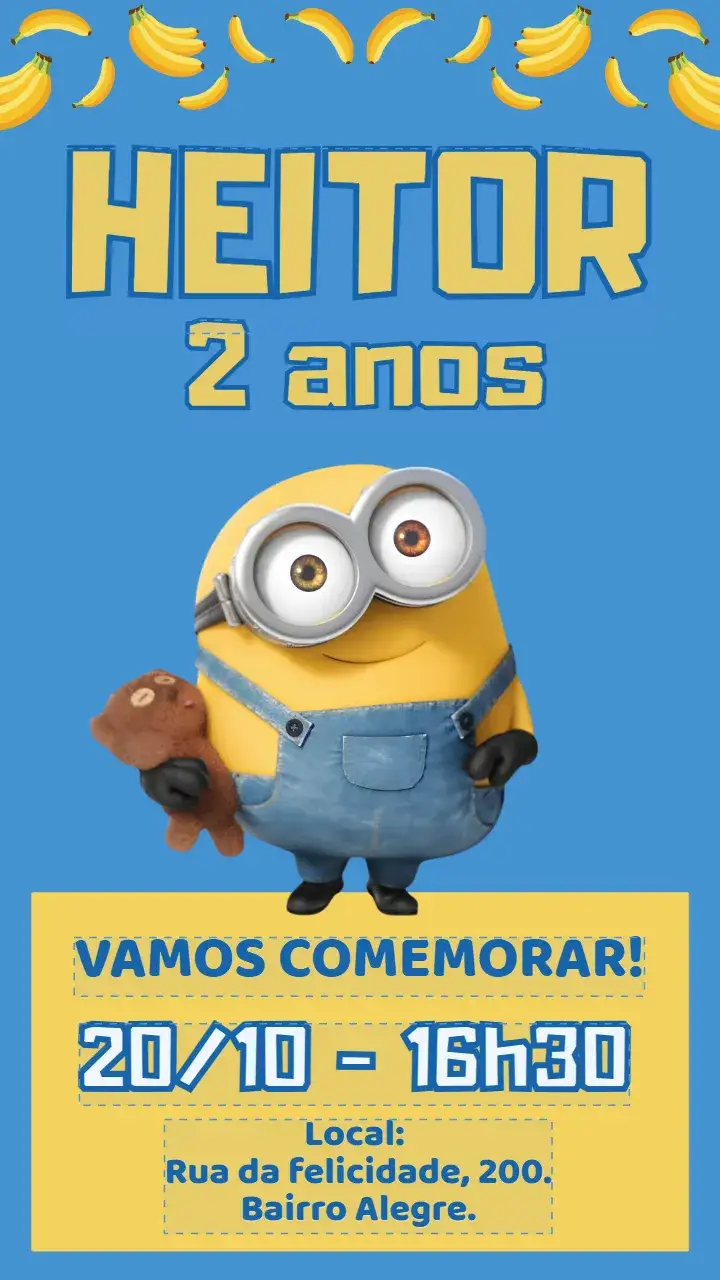 Invitación Convite digital Minions – tema Aniversário Infantil divertido, colorido, temático, infantil, moderno