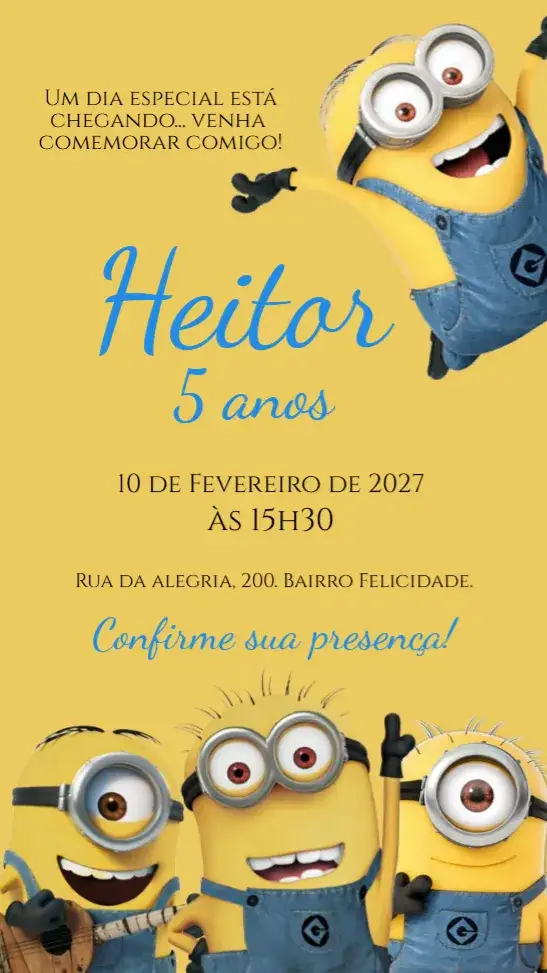 Convite Convite digital Minions – tema Aniversário Infantil amarelo, divertido, colorido, temático, infantil, animado