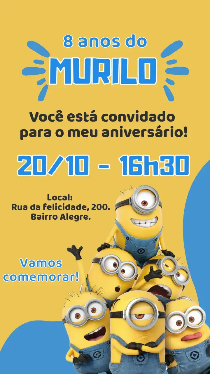 Invitación Convite digital Minions – tema Aniversário Infantil cores vibrantes, design lúdico, elementos gráficos dos Minions, estilo divertido, temática infantil, ilustrações coloridas