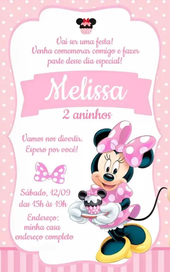 Invitación Convite Digital Minnie – tema Aniversário rosa, lúdico, divertido, colorido, inspirado na Disney