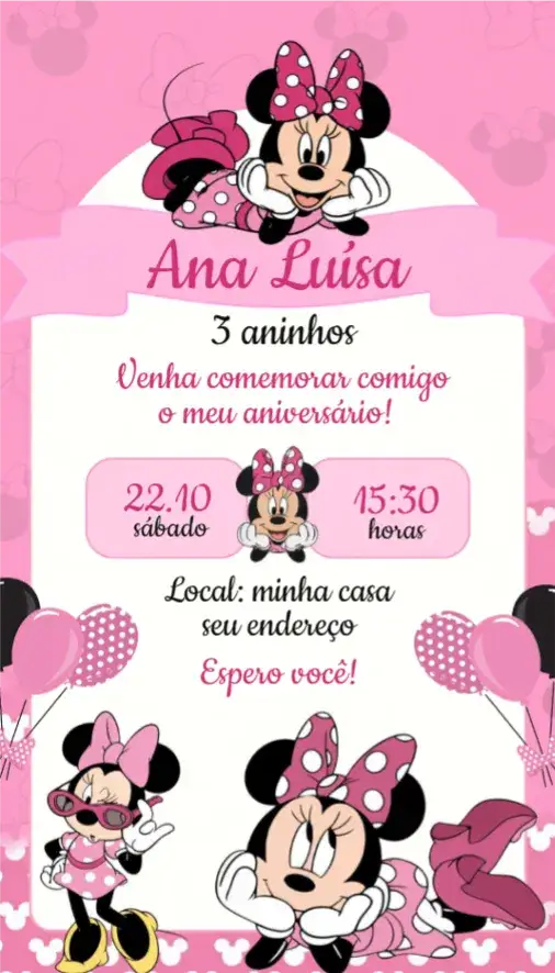 Invitation Convite Digital Minnie – Aniversário theme rosa, preto, Disney, infantil, divertido, colorido