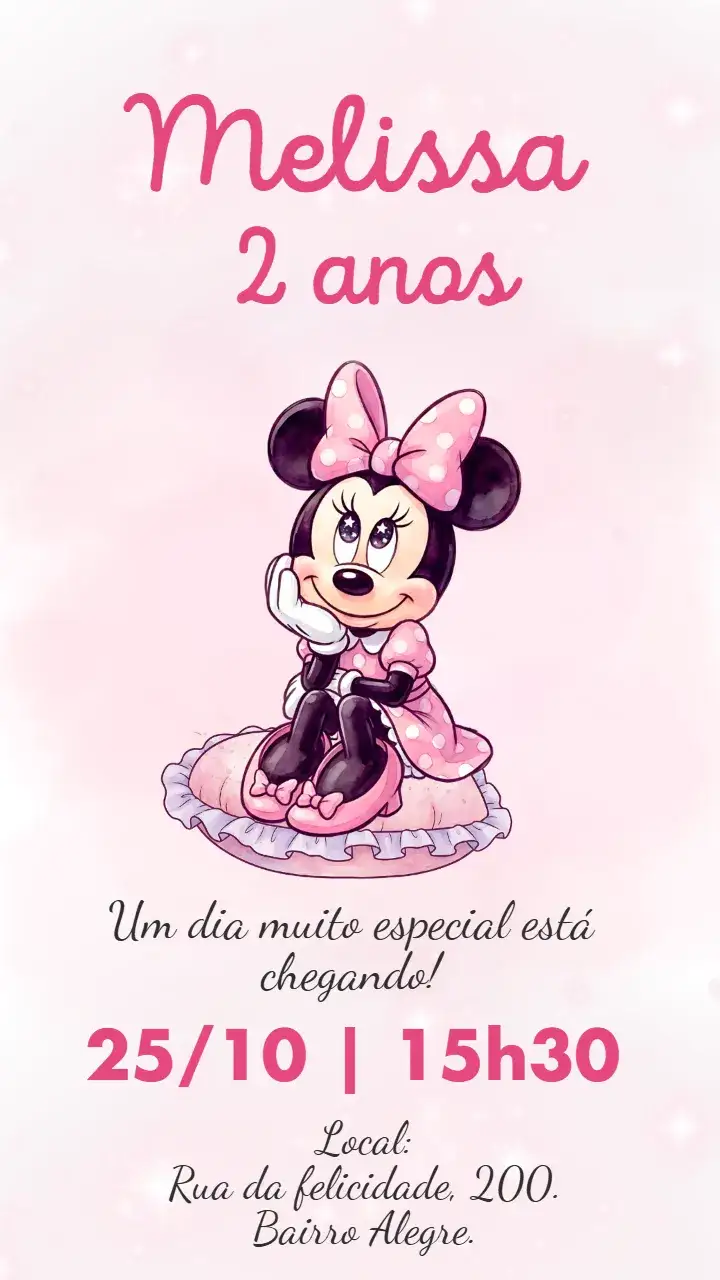 Convite Convite digital Minnie Rosa aquarela – tema Aniversário Infantil aquarela, delicado, rosa, infantil, divertido, feminino