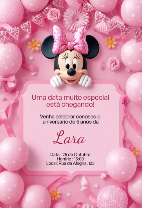 Convite Convite Digital Minnie Rosa Festa Luxo Editável – tema Aniversário Infantil rosa, lúdico, divertido, temático, infantil, luxuoso