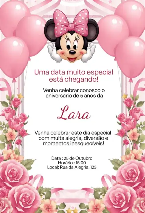Convite Digital Minnie Rosa Floral Luxo Editável