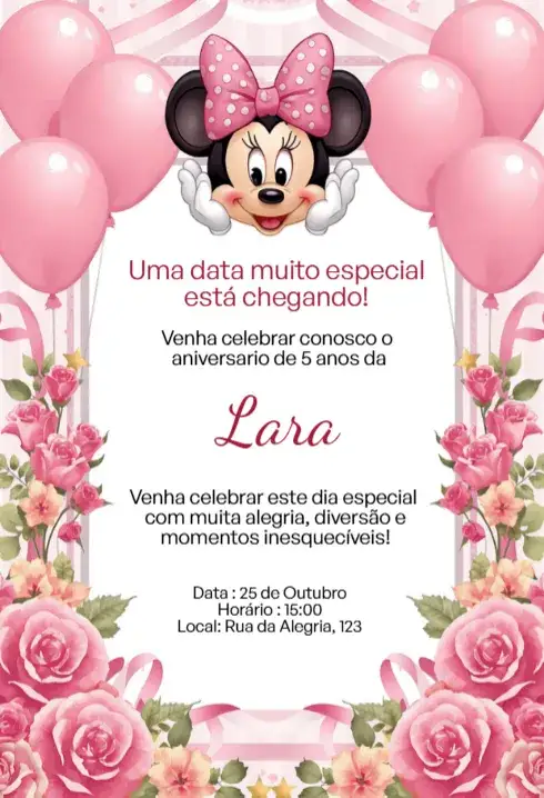 Convite Convite Digital Minnie Rosa Floral Luxo Editável – tema Aniversário Infantil floral, romântico, colorido, infantil, lúdico