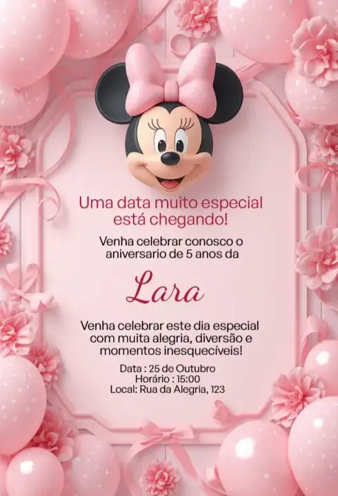 Convite Digital Minnie Rosa Floral Luxo Editável
