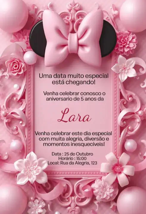 Convite Digital Minnie Rosa Luxo com Laço Editável