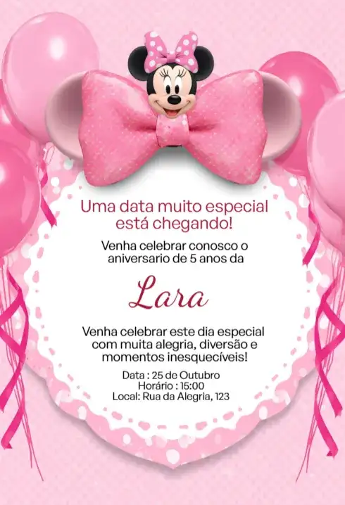 Convite Digital Minnie Rosa Luxo Editável