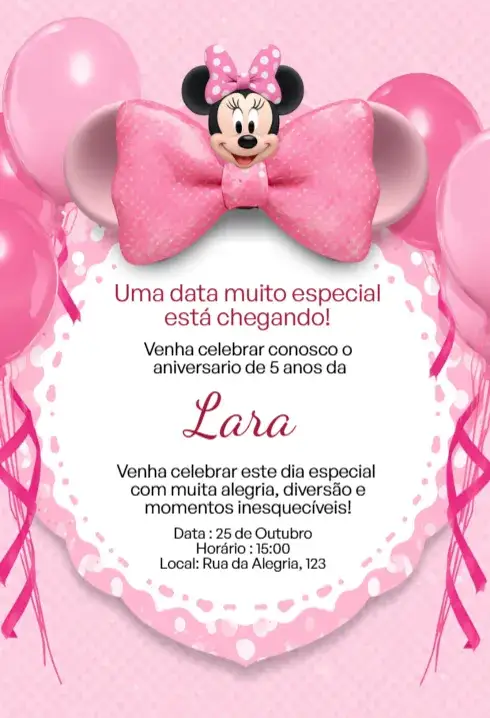 Convite Convite Digital Minnie Rosa Luxo Editável – tema Aniversário Infantil rosa, luxo, divertido, infantil, temático