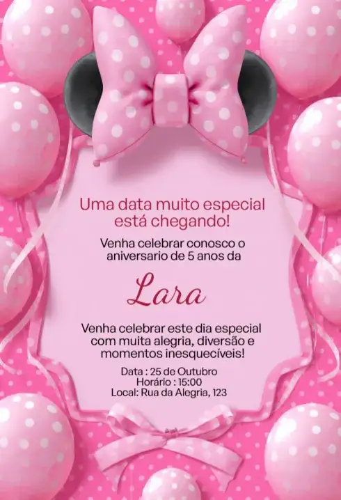 Convite Digital Minnie Rosa Poá Luxo Editável