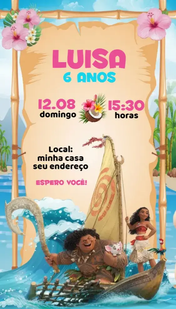 Invitación Convite Digital Moana – tema Aniversário tropical, colorido, aventura, marinho, fantasia, lúdico