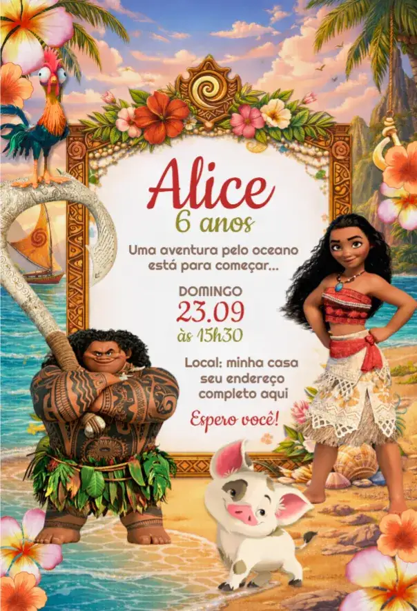 Invitación Invitación Digital de Moana – tema Cumpleaños tropical, colorido, divertido, marítimo, aventura