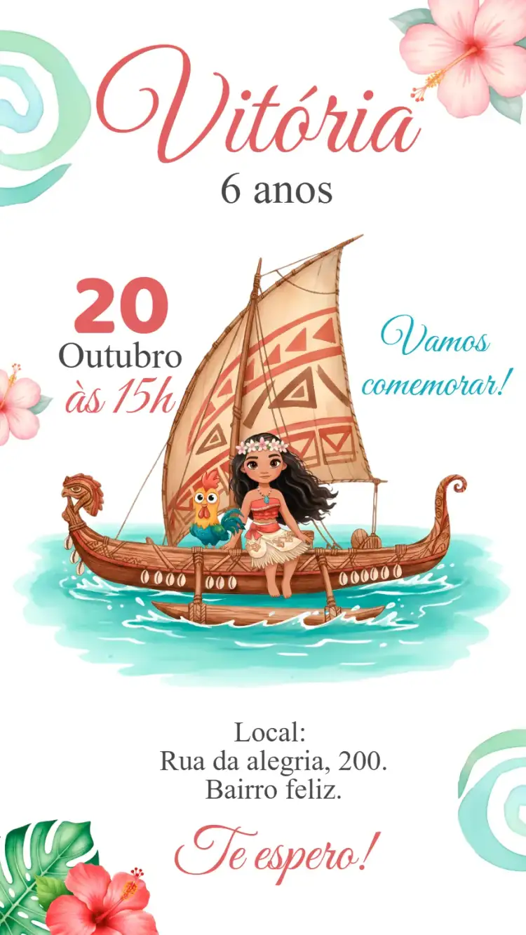 Invitación Convite digital Moana aquarela – tema Aniversário Infantil aquarela, marinho, tropical, colorido, fantasia, infantil