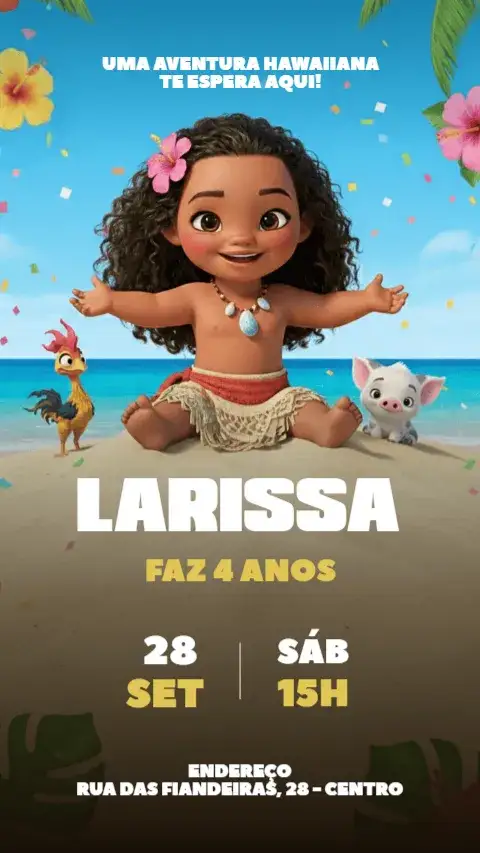 Convite Convite Digital Moana Baby – tema Aniversário Infantil floral, tropical, colorido, divertido, Disney, aventura