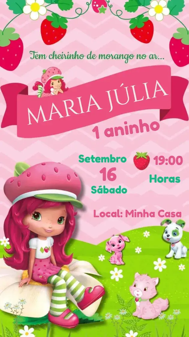 Convite Convite Digital Moranguinho – tema Cartão cores suaves, estilo lúdico, elementos gráficos de frutas, vibrante, divertido, feminino