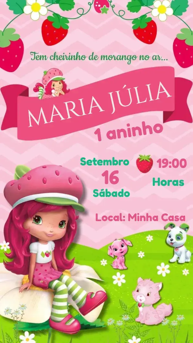 Convite Convite Digital Moranguinho editável e personalizável