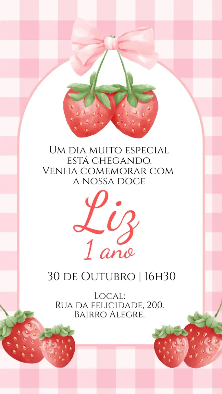 Invitation Convite digital Moranguinho Morango – Aniversário Infantil theme aquarela, xadrez, doce, colorido, lúdico, festa temática