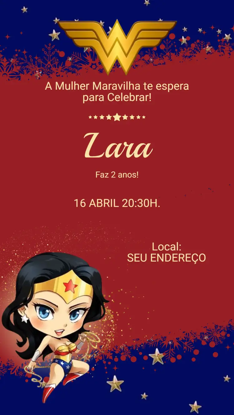 Convite Convite Digital Mulher Maravilha – tema Aniversário Infantil cores vibrantes, estilo heroico, elementos gráficos da DC, design divertido, inspirado em quadrinhos