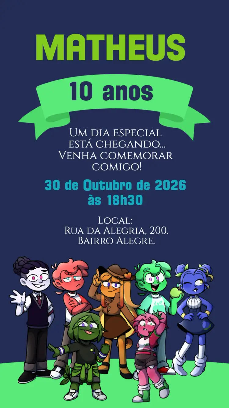 Invitation Convite digital Mundo Torajo – Aniversário Infantil theme colorido, divertido, infantil, tropical, mágico