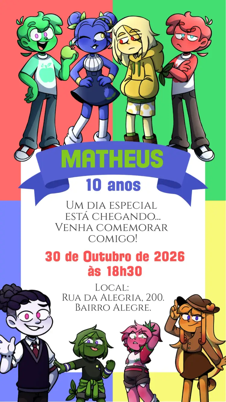 Invitation Convite digital Mundo Torajo – Aniversário Infantil theme colorido, lúdico, aventura, divertido, infantil, fantasia