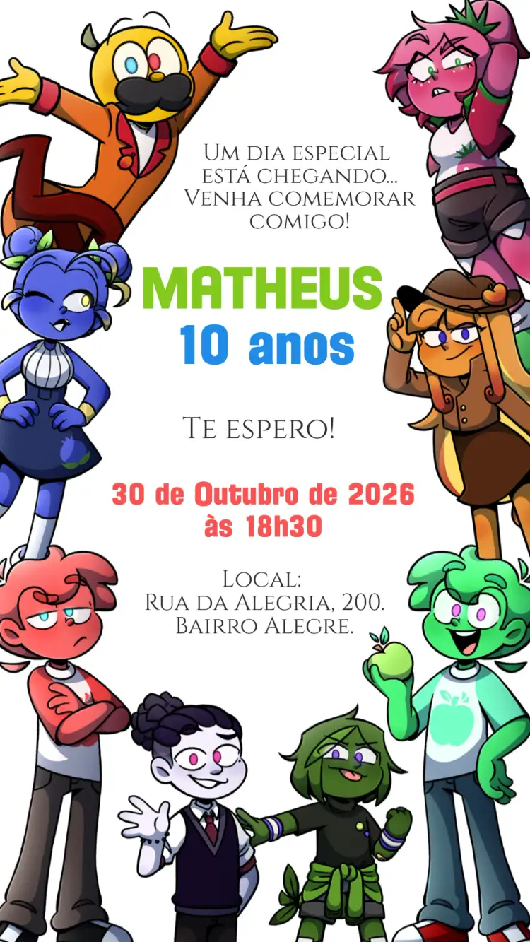 Invitation Convite digital Mundo Torajo – Aniversário Infantil theme colorido, fantasia, aventura, natureza, divertido, mágico