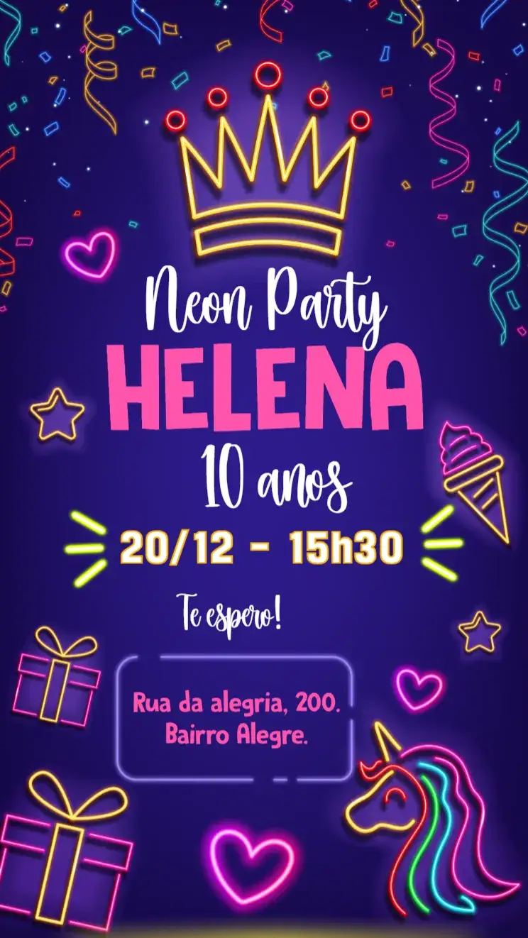 Invitation Convite digital Neon Party – Aniversário Infantil theme neon, brilho, roxo, unicórnio, divertido, colorido